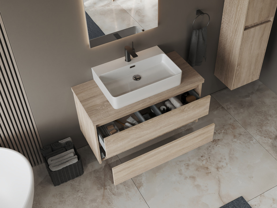 Duo Badm&ouml;bel 100, Eiche Gold, Keramik Waschbecken, Tr&auml;gerplatte