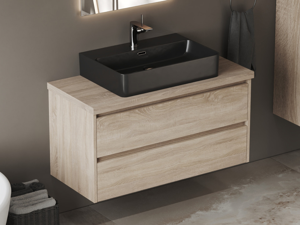 Duo Badm&ouml;bel 100, Eiche Gold, Keramik Waschbecken, Tr&auml;gerplatte