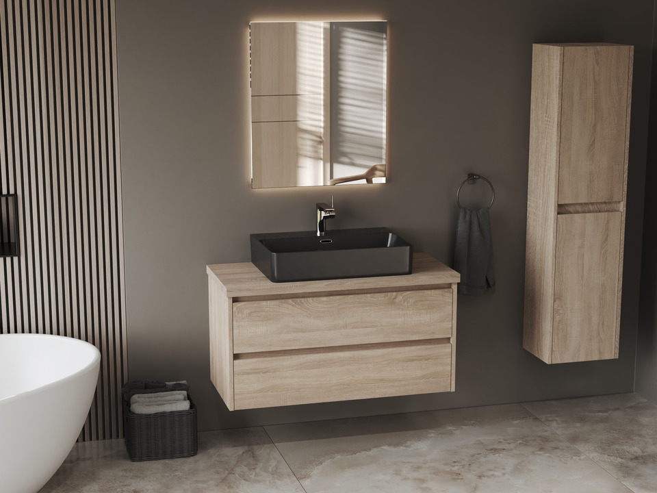 Duo Badm&ouml;bel 100, Eiche Gold, Keramik Waschbecken, Tr&auml;gerplatte