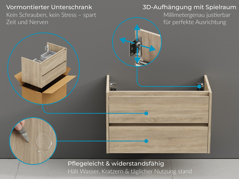 Duo Badm&ouml;bel 100, Eiche Gold, Keramik Waschbecken, Tr&auml;gerplatte