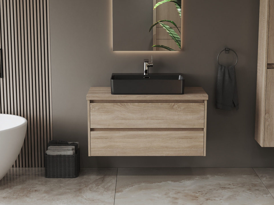 Duo Badm&ouml;bel 100, Eiche Gold, Keramik Waschbecken, Tr&auml;gerplatte