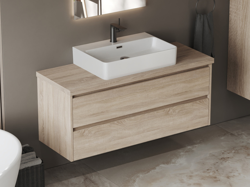 Duo Badm&ouml;bel 120, Eiche Gold, Keramik Waschbecken, Tr&auml;gerplatte