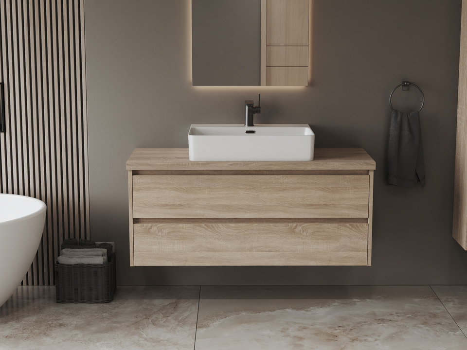 Duo Badm&ouml;bel 120, Eiche Gold, Keramik Waschbecken, Tr&auml;gerplatte
