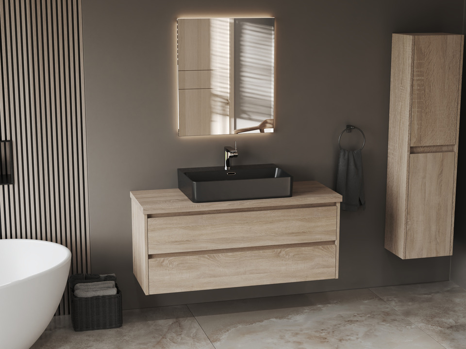 Duo Badm&ouml;bel 120, Eiche Gold, Keramik Waschbecken, Tr&auml;gerplatte