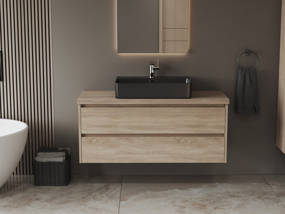 Duo Badm&ouml;bel 120, Eiche Gold, Keramik Waschbecken, Tr&auml;gerplatte
