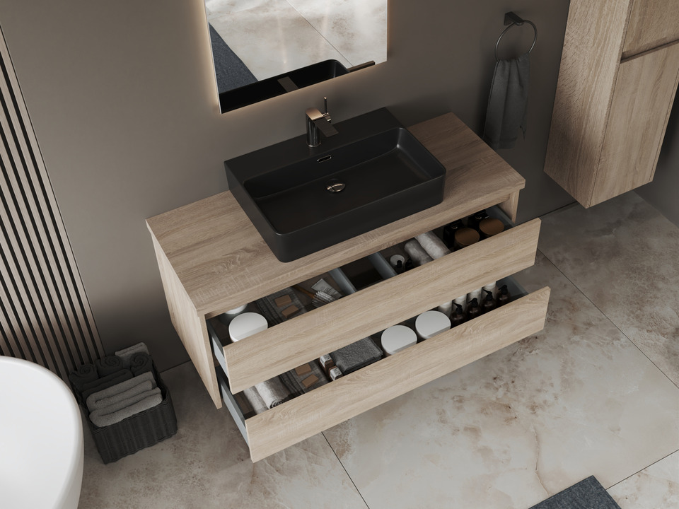 Duo Badm&ouml;bel 120, Eiche Gold, Keramik Waschbecken, Tr&auml;gerplatte