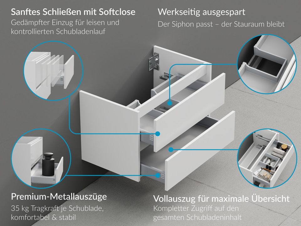 Duo Badm&ouml;bel 160, Wei&szlig; Hochglanz, Doppelwaschtisch, Tr&auml;gerplatte