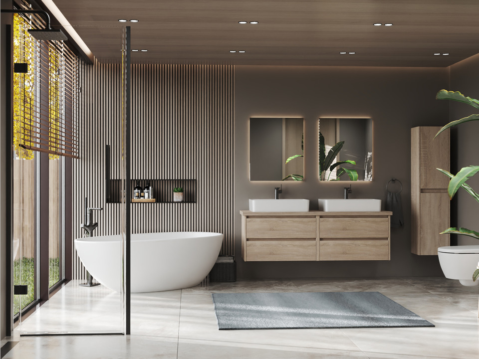 Duo Badm&ouml;bel 160, Eiche Gold, Doppelwaschtisch, Tr&auml;gerplatte