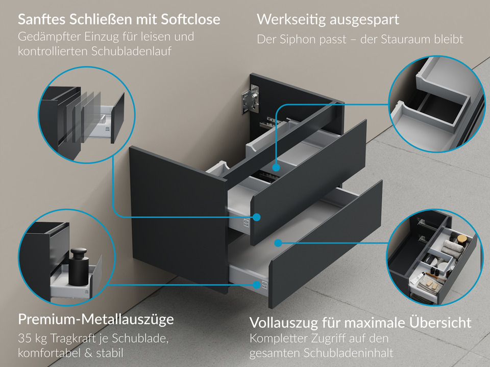 Duo Badm&ouml;bel 160, Anthrazit Matt Lackiert, Doppelwaschtisch, Tr&auml;gerplatte