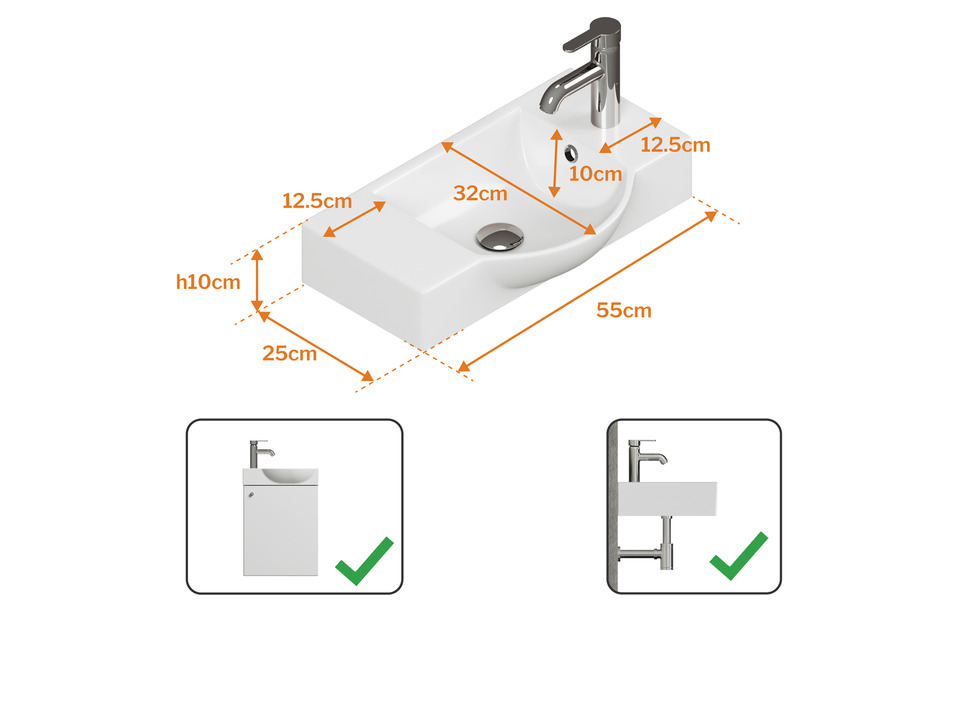 Aqua Bagno Waschbecken 55x32x15cm mit Hahnloch und &Uuml;berlauf HL rechts