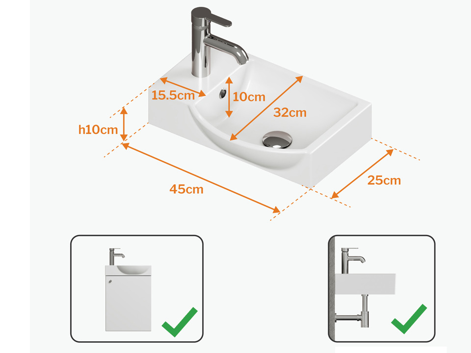 Aqua Bagno Waschbecken Minizia 45x32x15cm mit Hahnloch und &Uuml;berlauf HL links