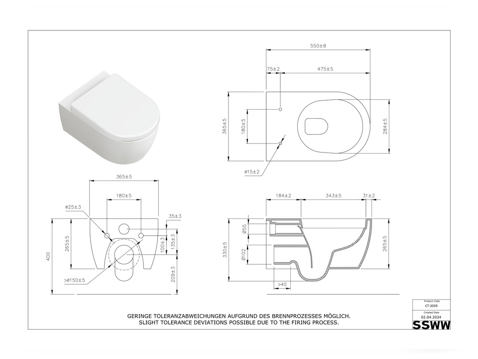 Wand H&auml;nge WC Toilette - sp&uuml;lrandlos - inkl. abnehmbaren Softclose Toiletten-Sitz - Keramik - CT-2039.54