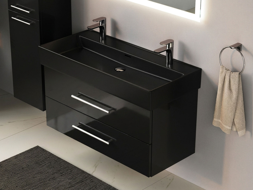 Flex Badm&ouml;bel 100, Schwarz Hochglanz Lackiert, Keramik Waschbecken