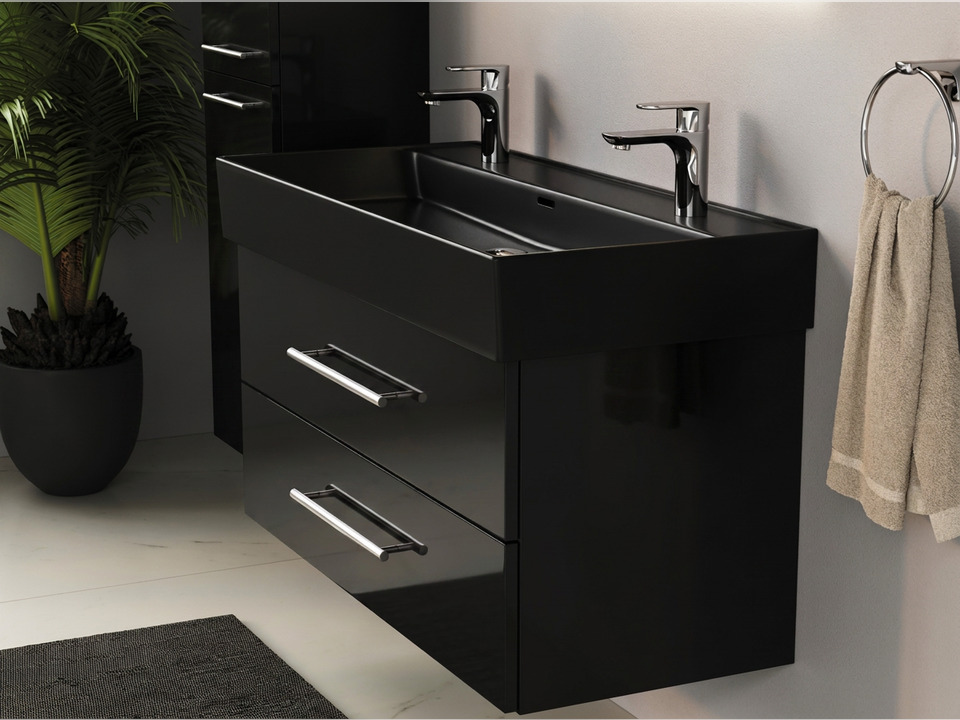 Flex Badm&ouml;bel 100, Schwarz Hochglanz Lackiert, Keramik Waschbecken