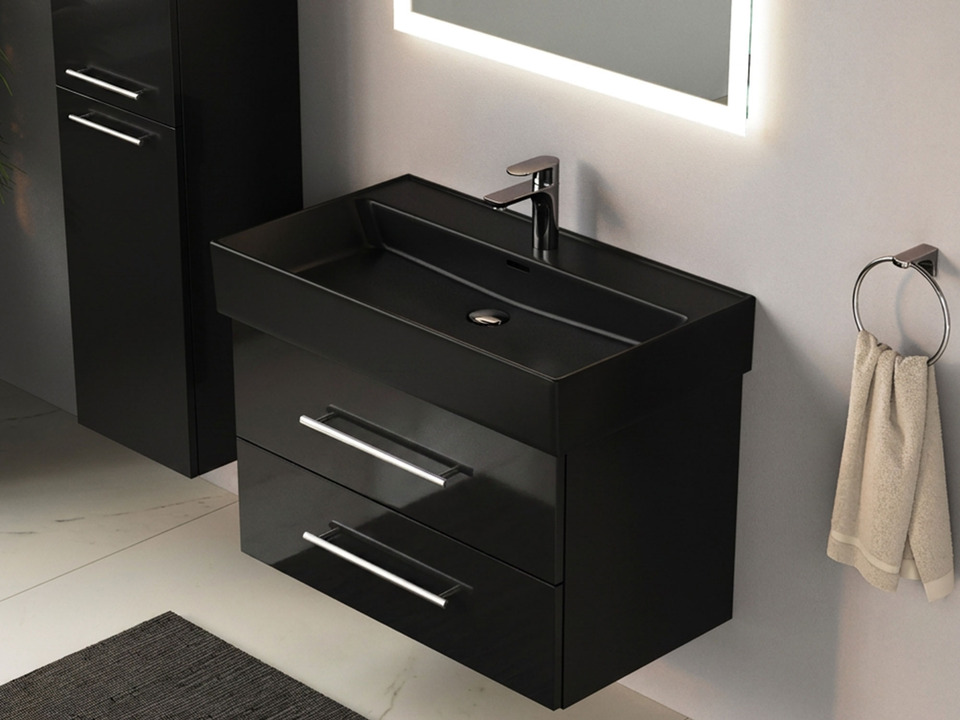 Flex Badm&ouml;bel 80, Schwarz Hochglanz Lackiert, Keramik Waschbecken