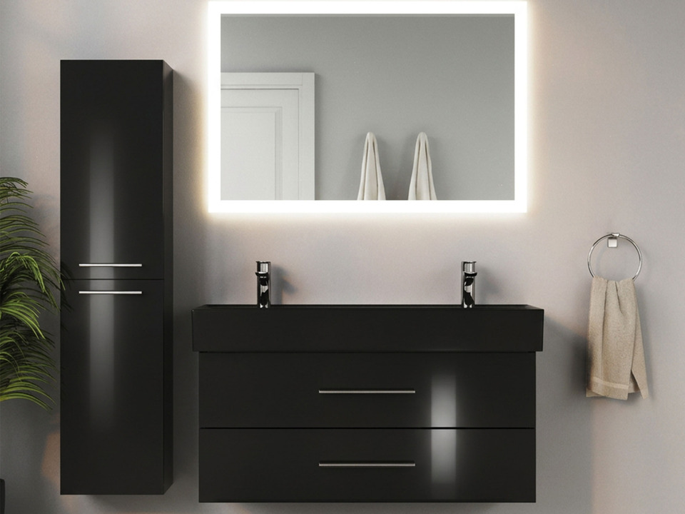 Flex Badm&ouml;bel 120, Schwarz Hochglanz Lackiert, Keramik Waschbecken