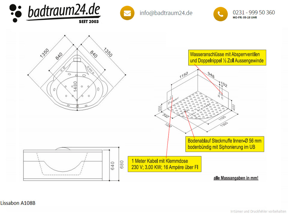 Whirlpool 135cm Rechteck-Badewanne LISSABON Comfort
