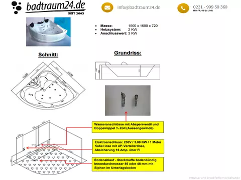 Whirlpool 150cm Eck-Badewanne HAMBURG Comfort