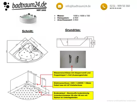 Whirlpool 150cm Eck-Badewanne HAMBURG Comfort