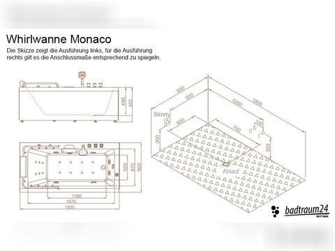 Whirlpool 180cm Rechteck-Badewanne MONACO Comfort