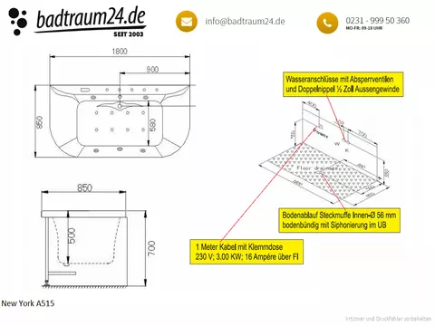 Whirlpool 180cm Rechteck-Badewanne NEW YORK ComfortLED