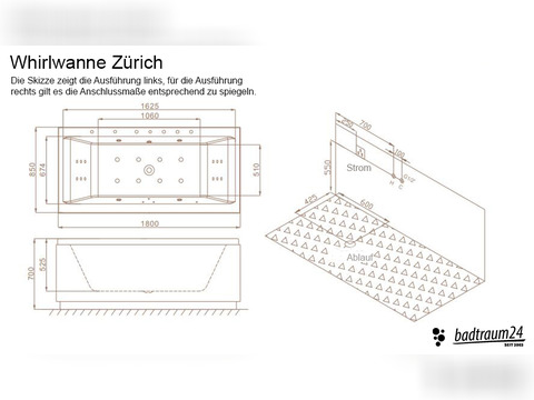 Whirlpool 180cm Rechteck-Badewanne ZüRICH Comfort