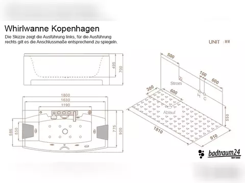 Whirlpool 180cm Rechteck-Badewanne KOPENHAGEN Comfort