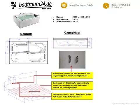 Whirlpool 200cm Rechteck-Badewanne MARSEILLEXL Comfort