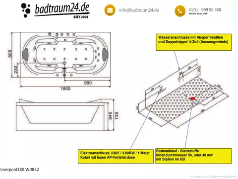 Whirlpool 180cm Rechteck-Badewanne LIVERPOOL180 Comfort