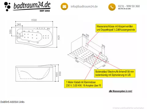 Whirlpool 150cm Rechteck-Badewanne DUBLIN.S Comfort