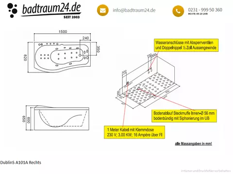 Whirlpool 150cm Rechteck-Badewanne DUBLIN.S Comfort