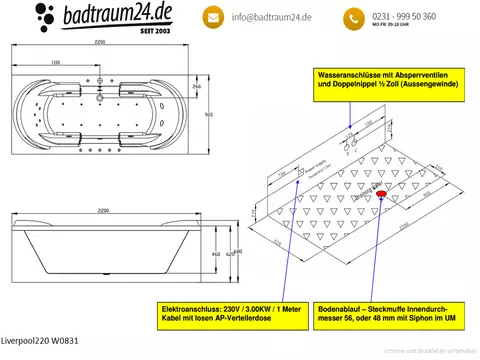 Whirlpool LIVERPOOL220 Comfort-LED 2200x900x680mm