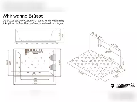 Whirlpool 180cm Eck-Badewanne BRüSSEL Comfort