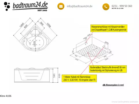 Whirlpool 120cm Eck-Badewanne KIEW Comfort
