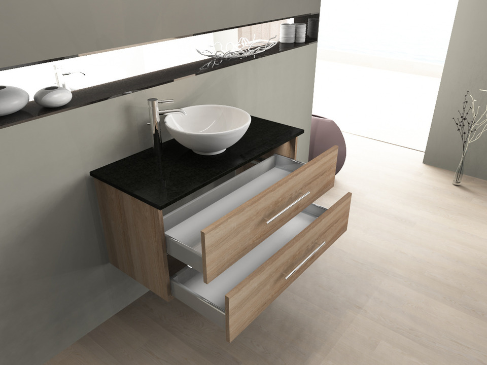 Flex Badm&ouml;bel 100, Eiche Gold, Keramik Waschbecken, Natursteinplatte