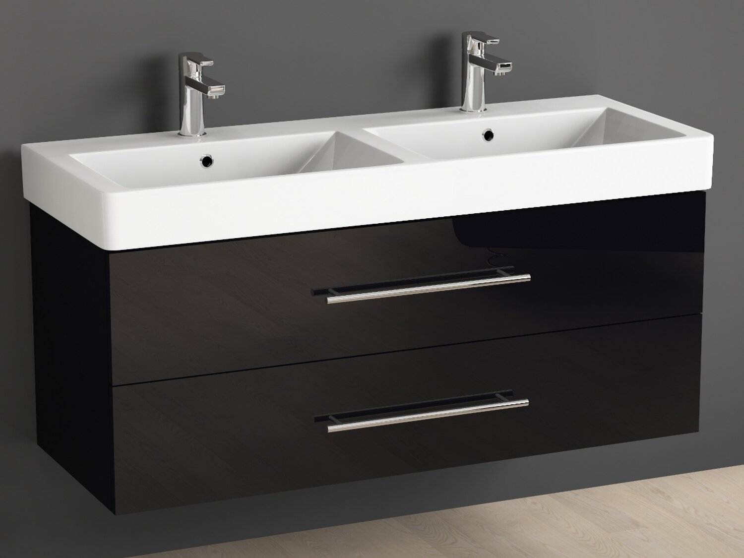 Flex Badm&ouml;bel 120, Schwarz Hochglanz Lackiert, Keramik Waschbecken