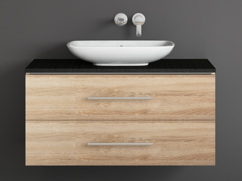 Badmöbel mit Granit Waschtischplatte und Villeroy Boch Loop&Friends Keramik Aufsatzwaschtisch