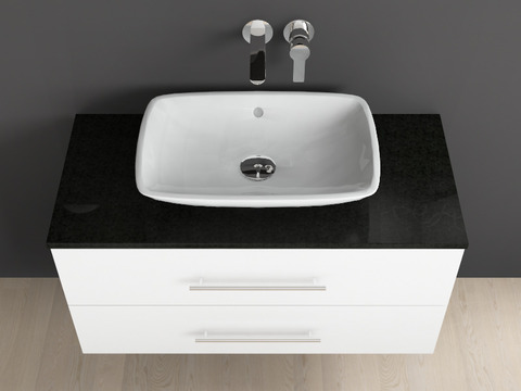 Badmöbel mit Granit Waschtischplatte und Villeroy Boch Loop&Friends Keramik Aufsatzwaschtisch