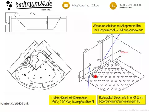 Whirlpool 165cm Eck-Badewanne HAMBURGXL Comfort