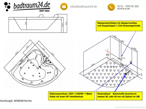 Whirlpool 165cm Eck-Badewanne HAMBURGXL Comfort