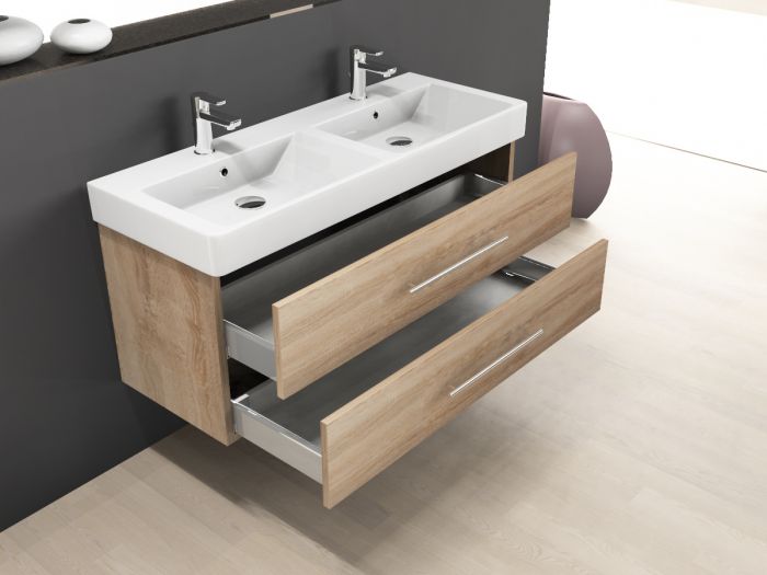 Badmoebel inkl Keramik Waschtisch und Unterschrank 120cm Doppelwaschbecken Eiche Gold_b2