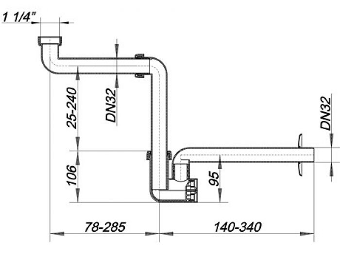 Raumsparsiphon für Badmöbel DN32, Polypropylen- kunststoff, weiß