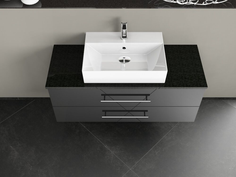 Flex Badm&ouml;bel 120, Schwarz Hochglanz Lackiert, Keramik Waschbecken, Natursteinplatte