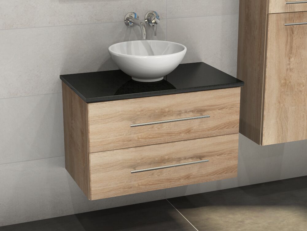 Flex Badm&ouml;bel 80, Eiche Gold, Keramik Waschbecken, Natursteinplatte