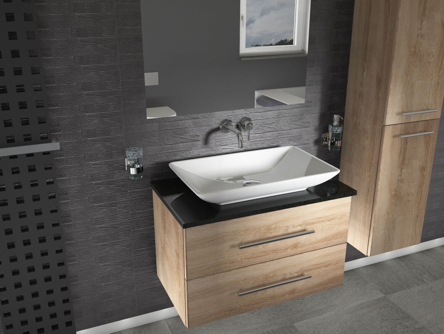 Flex Badm&ouml;bel 80, Eiche Gold, Keramik Waschbecken, Natursteinplatte