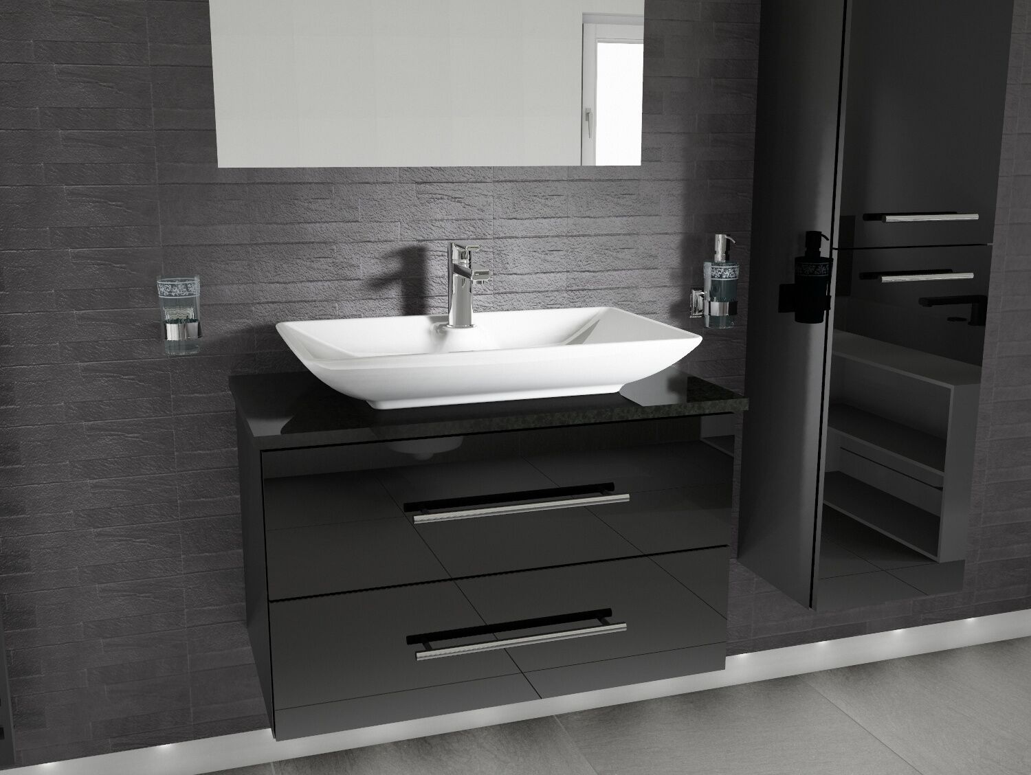Flex Badm&ouml;bel 80, Schwarz Hochglanz Lackiert, Keramik Waschbecken, Natursteinplatte