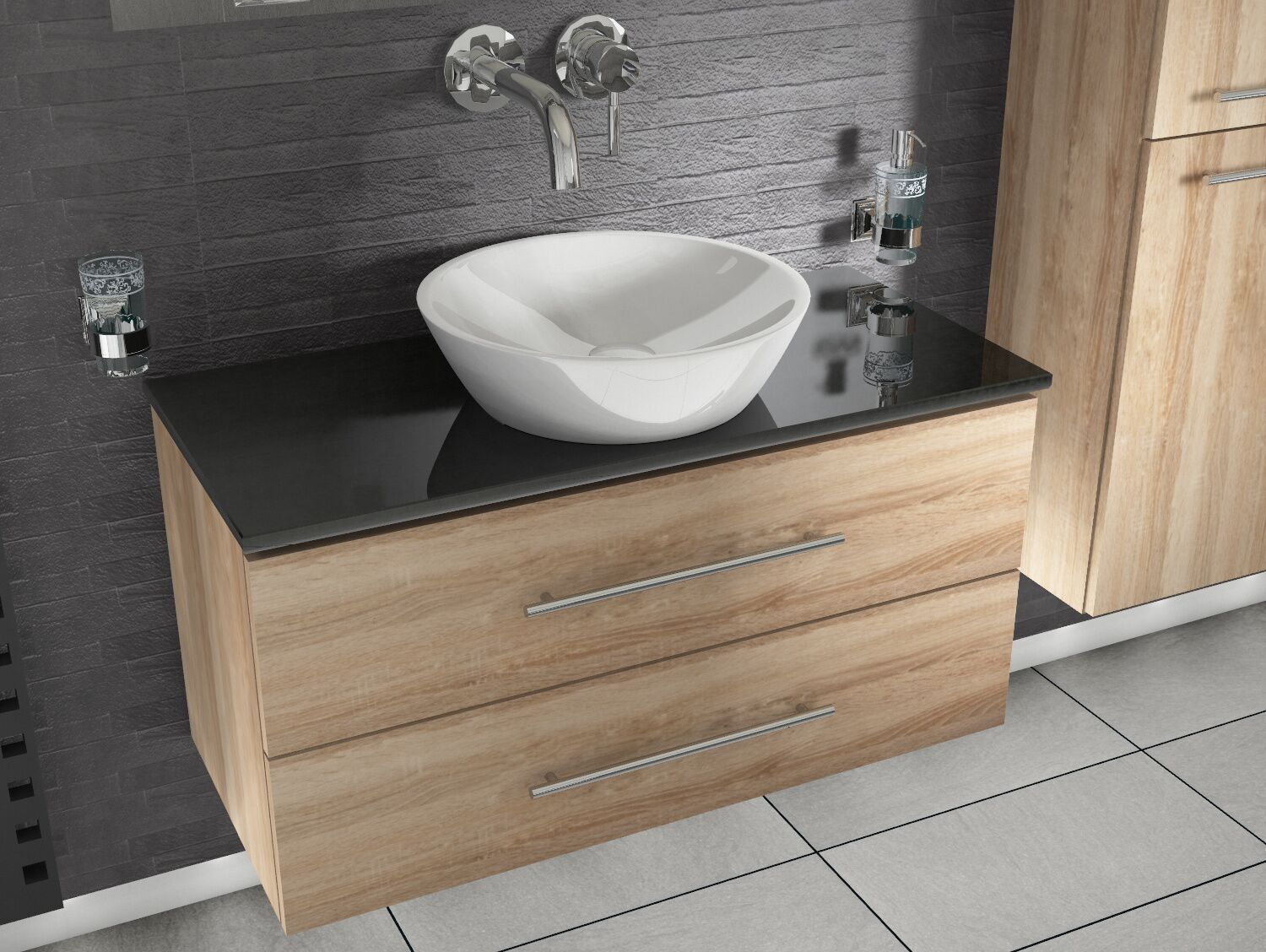 Flex Badm&ouml;bel 100, Eiche Gold, Keramik Waschbecken, Natursteinplatte
