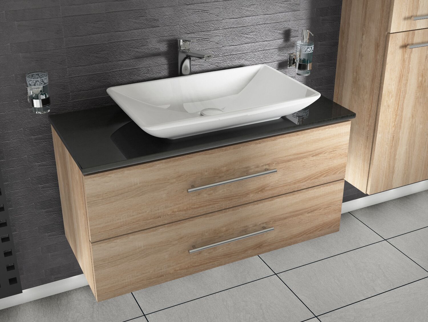 Flex Badm&ouml;bel 100, Eiche Gold, Keramik Waschbecken, Natursteinplatte