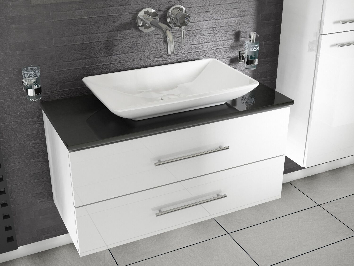Flex Badm&ouml;bel 100, Wei&szlig; Hochglanz Lackiert, Keramik Waschbecken, Natursteinplatte