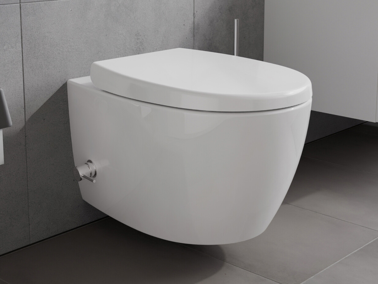 Aqua Bagno Taharet Dusch-WC Design Wand WC ohne Sp&uuml;lrand mit Bidetfunktion und Ventil sp&uuml;lrandlose Toilette mit WC-Sitz inkl. Softclose-Mechanik